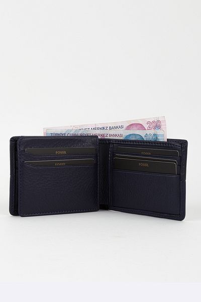 Fossil Boxed Genuine Leather Horizontal Stitched Navy Blue Hand Portfolio Card Holder Wallet