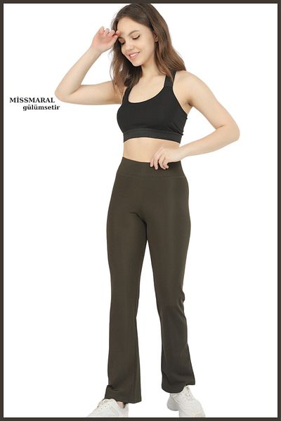 missmaral Women's Leggings Khaki Color High Waist Wide Leg Elastic Belt Full Length Diving Fabric105101