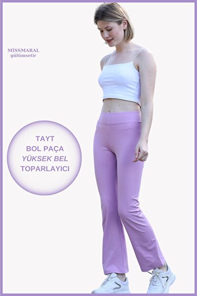 missmaral Women's Leggings Lilac Color High Waist Wide Leg Elastic Belt Full Length Diving Fabric105101