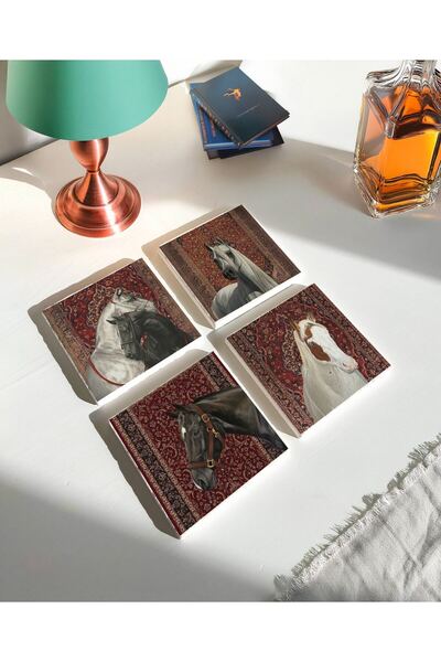arslart Kırmızı Vintage Halı ve  At Figürlü Doğal Taş Bardak Altlığı Seti (4’...