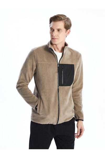 LC Waikiki Beige Mock Neck Long Sleeve Fleece Men's Zippered Sweatshirt