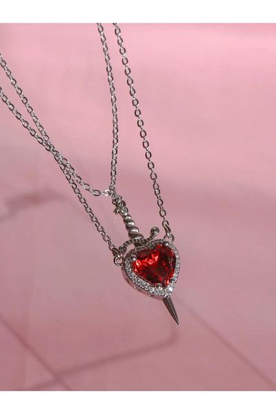 Luna Red Stone Heart Sword Couple Necklace