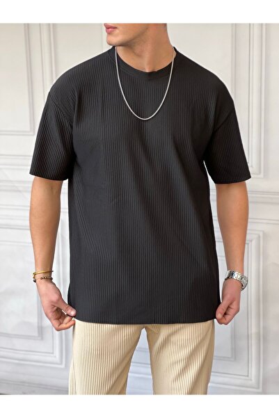 MODEFENDİ Tricou negru pentru bărbați, cu model fitil, cu gât crew, supradime...