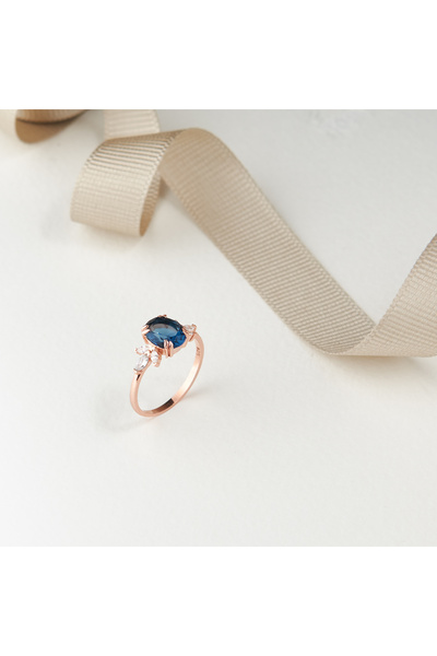 Siset Gümüş 925 Ayar Rose Kaplama Oval Safir Taşlı Gümüş Yüzük