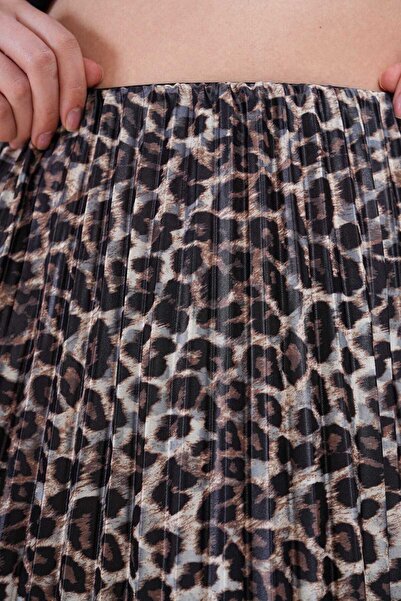 medipek Pliseli Kadın Etek, Leopar Desenli Uzun Etek Saten Etek