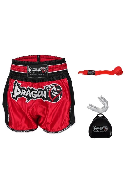 Dragondo Pantaloni scurți Dragon Retro Muay Thai - Set de 3 bandaje de 3,5 mt și apărători de gură transparente Kickboxing