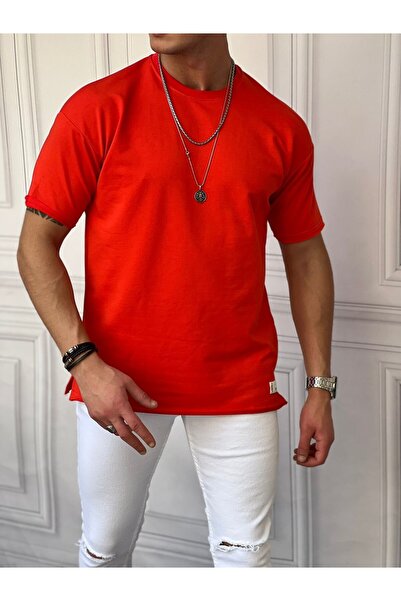 MODEFENDİ Tricou oversize pentru bărbați, roșu, din bumbac și lycra, cu detal...