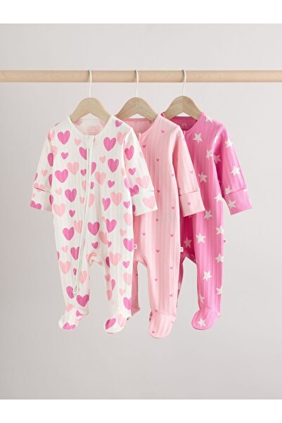 Next Baby 100% Cotton Pink Heart Double Zipper 3-Piece Jumpsuit Set