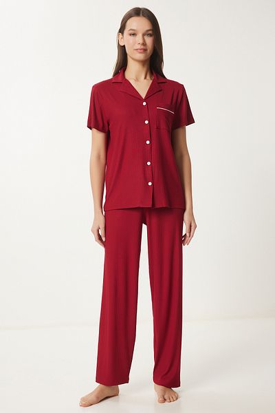 Lovelyİstanbul Set pijamale tricotate Burgundy - Set cămașă și pantaloni LPQ0005
