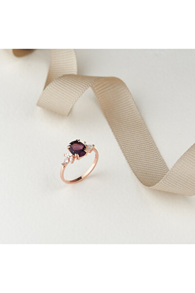 Siset Gümüş 925 Ayar Rose Kaplama Özel Tasarım Ametist Taşlı Sertifikalı Gümüş Yüzük