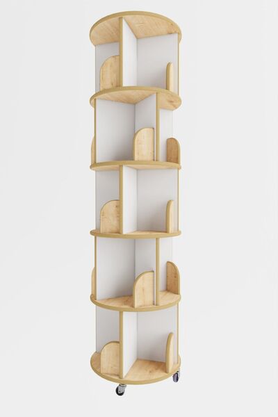 zeo wood design 360° Mdflam Dekoratif Döner Kitaplık- 5 Katlı/20 Raflı - Safir Meşe-beyaz