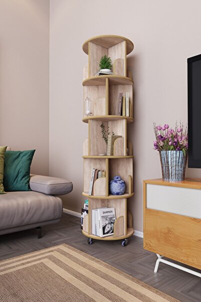 zeo wood design 360° Mdflam Dekoratif Döner Kitaplık- 5 Katlı/20 Raflı - Sonoma