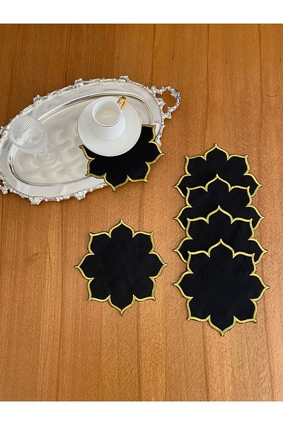 Smiling Home 6 bucăți de lenjerie neagră Gardenia cu model de stea cu broderie aurie șervețel de prezentare pentru cocktail brodat