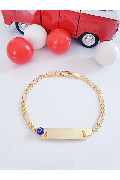 MAGRİB 925 Ayar Gümüş Nazar Boncuklu İsimli Altın Kaplama Çocuk Künye Bileklik