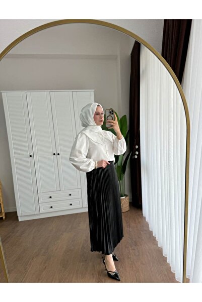 Miraydın Butik Kadın Etek Üstü Bebe Yaka İncili Beyaz Gömlek