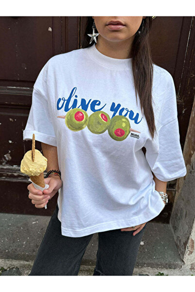 Jose Clothing Women's White Self Patterned Crew Neck Oversize Cut T-Shirt