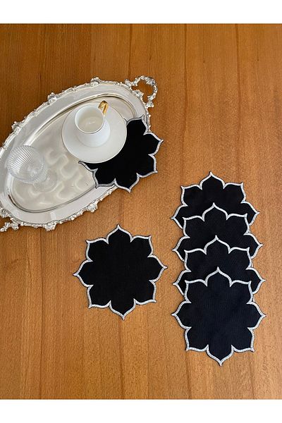 Smiling Home 6 bucăți de lenjerie neagră gardenia cu model de stea cu broderie argintie brodate șervețel de prezentare pentru cocktail