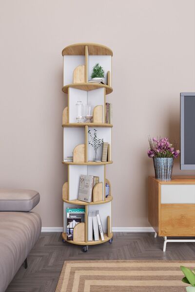 zeo wood design 360° Mdflam Dekoratif Döner Kitaplık- 5 Katlı/20 Raflı - Safir Meşe-beyaz