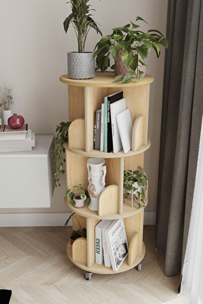 zeo wood design 360° Mdflam Dekoratif Döner Kitaplık - Safir Meşe - 103x45 Cm