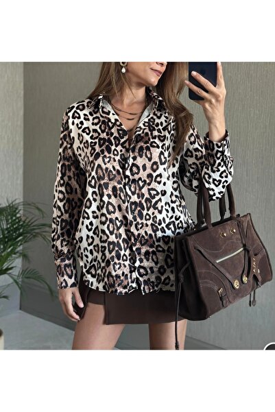 KAROL Kahverengi leopar desenli salaş saten gömlek