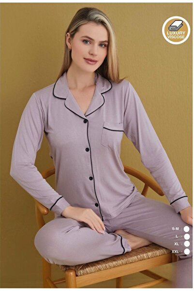 İpek Women's Long Sleeve Front Buttoned Solid Color Pajama Set