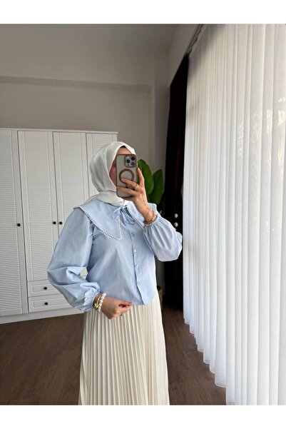 Miraydın Butik Kadın Etek Üstü Bebe Yaka İncili Bebe Mavisi Gömlek