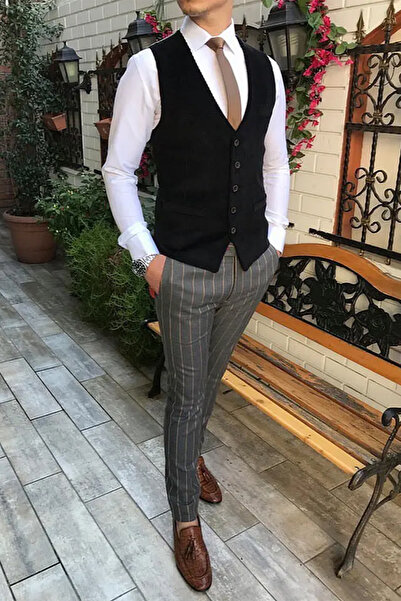 AYBER STİL Erkek V Yaka Yelek Siyah Fitilli Kadife