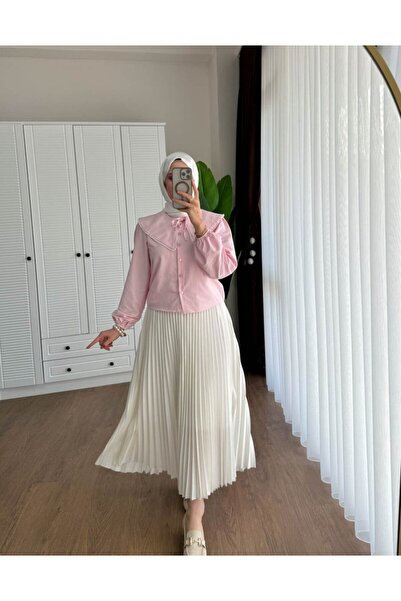 Miraydın Butik Kadın Etek Üstü Bebe Yaka İncili Pembe Gömlek