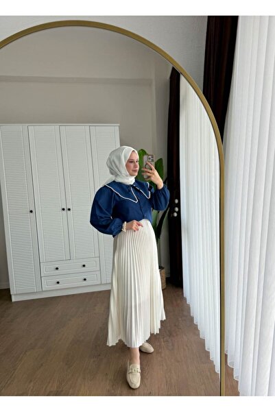 Miraydın Butik Kadın Etek Üstü Bebe Yaka İncili Lacivert Gömlek