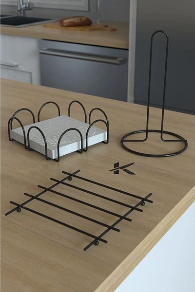 KapKacakAl Black Bread Basket and Serving Set Towel Holder and Napkin Holder Nihale Bread Holder 4-Piece Presentation Set
