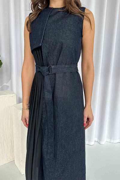 Mine Tan Butik Women's Denim Dress with Pleated Garnish