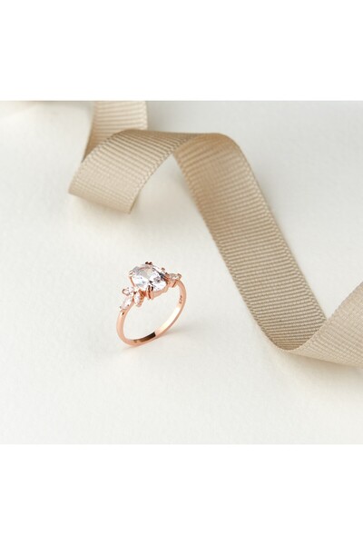 Siset Gümüş 925 Ayar Rose Kaplama Oval Zirkon Taşlı Tasarım Gümüş Yüzük