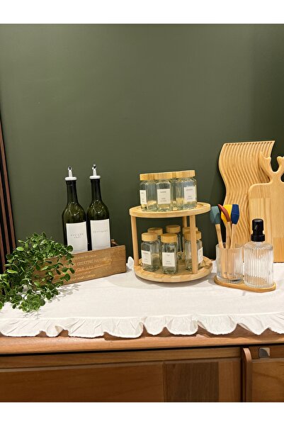 Sade Hediye 12'li Bambu Kapaklı Döner Stantlı Baharatlık/2'li Yağdanlık ve Ku...