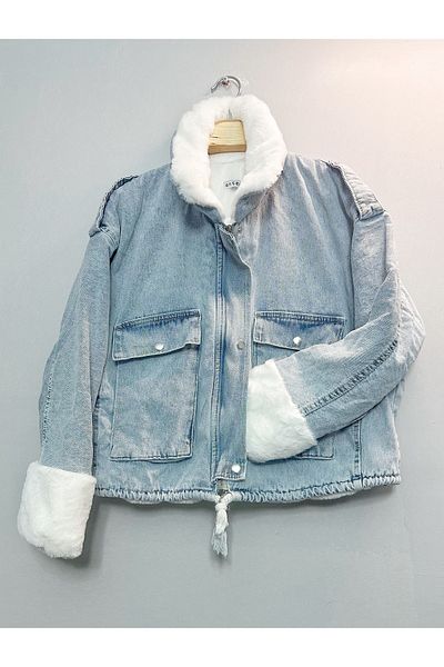 Mevalina Dámský kabát s bílou kožešinou Denim Jeans Jacket