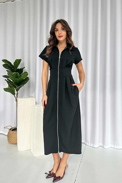 Mine Tan Butik Shirt Collar Short Sleeve Women's Dress with Zipper Detail - Black