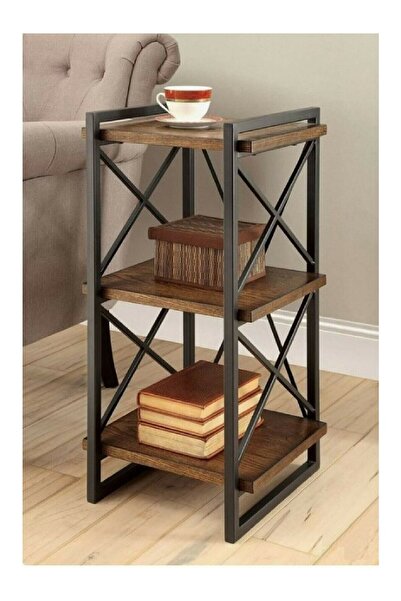 HaleVia Doğal Ahşap Metal Mini Kitaplık Yan Sehpa