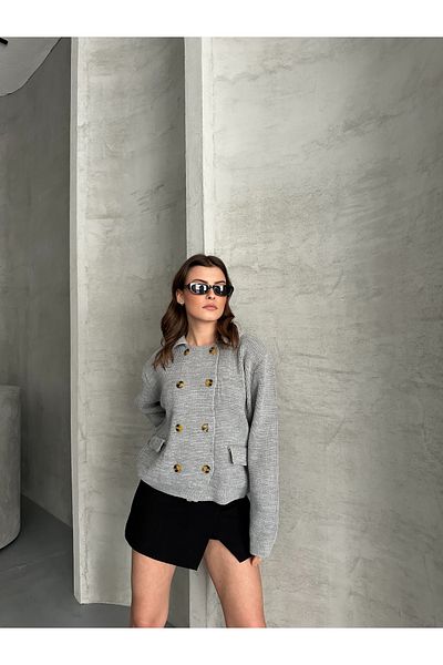 Elilook Women's Double Breasted 8 Buttoned Polo Neck Knitwear Cardigan