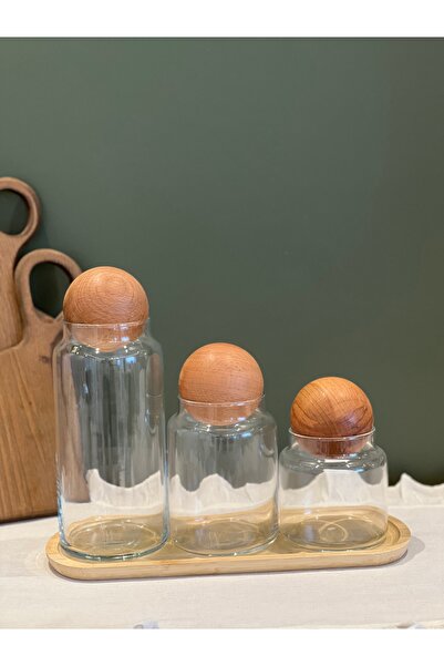 Sade Hediye طقم مرطبان زجاجي مكون من 3 قطع مع غطاء كروي خشبي وحامل
