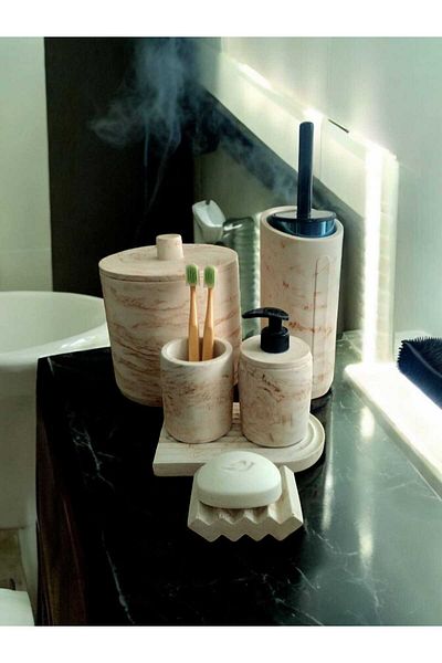 Trust Stone Σετ μπάνιου Marble Series Brown Beige Concrete, Κάδος απορριμμάτων, Σετ βούρτσας τουαλέτας