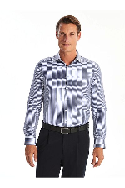 LC Waikiki Ανδρικό πουκάμισο LCWAIKIKI Formal Navy Blue Slim Fit μακρυμάνικο ριγέ ποπλίνα