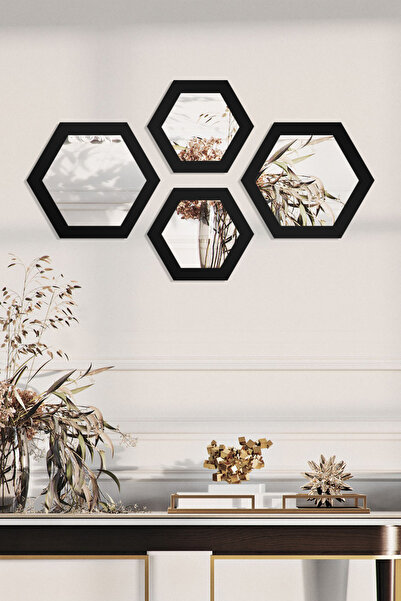 AHWART Gümüş Pleksi Aynalı Siyah Ahşap 4 Parça Altıgen Duvar Dekoru - Salon, ...