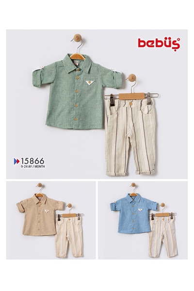 Bebüş Buttoned Blue Shirt and Striped Cream Pants Bottom Top Baby Boy Suit 15866