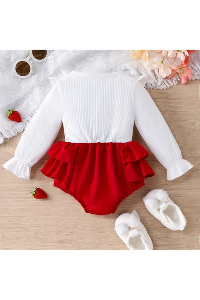 darko Çilek Kırmızı Beyaz Çıtçıtlı Kurdeleli Tulum Uzun Kollu Zıbın Sevimli Kız Bebek Bayramlık