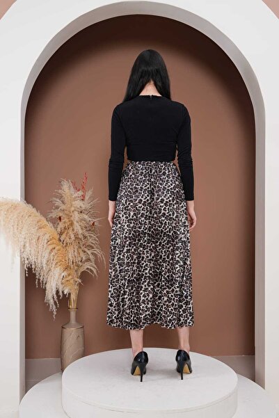 medipek Pliseli Kadın Etek, Leopar Desenli Uzun Etek Saten Etek