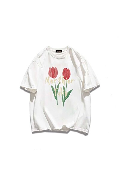 Jose Clothing Women's White Self Patterned Crew Neck Oversize Cut T-Shirt