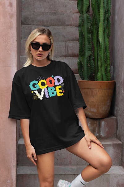 cc collection Tricou oversize pentru femei cu imprimeu Good Vibe