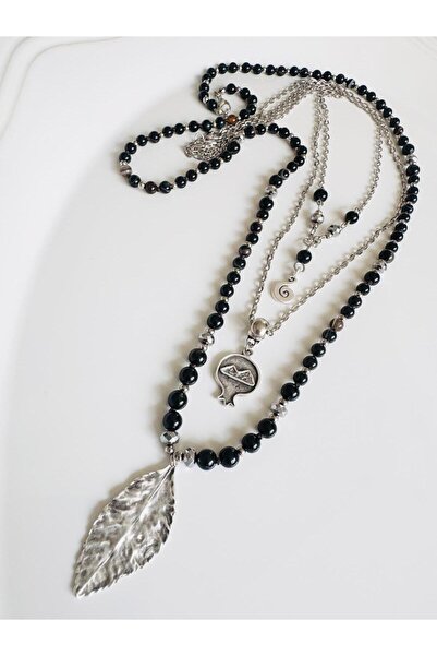 DEVİ fashion Triple Long Natural Stone Agate Combination Necklace 80 cm