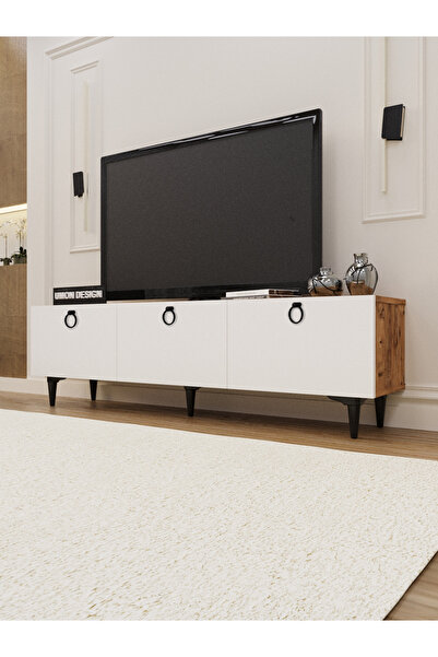 umondesign Roma Tv Ünitesi 150 Cm Üç Kapaklı Raflı Ayaklı Tv Sehpası Çam- Beyaz