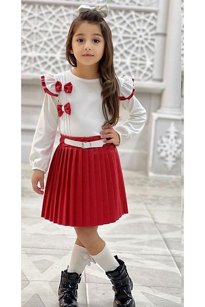 EFLİNS Girl's Dress Set - Red and White Double with Leather Skirt (Age 2-3-4-5)
