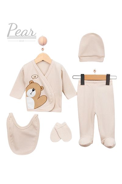 Pear Wear 5 Piece Baby Set - with Teddy Bear, for Hospital Discharge, Boxed